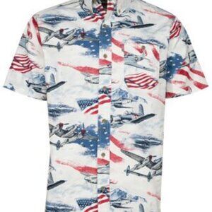 Men’s Patriotic Button-Up Shirt – American Flag & Warplane Print, Size Medium